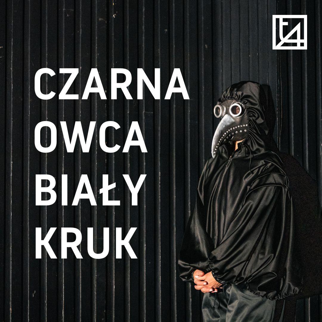 okładka albumu muzycznego na Spotify: fotografia ze spektaklu, czarne tło i aktor przebrany za kruka w masce. Tytuł "czarna owca, biały kruk" w kolorze białym, logoty Teatru Animacji po prawej stronie u góry.